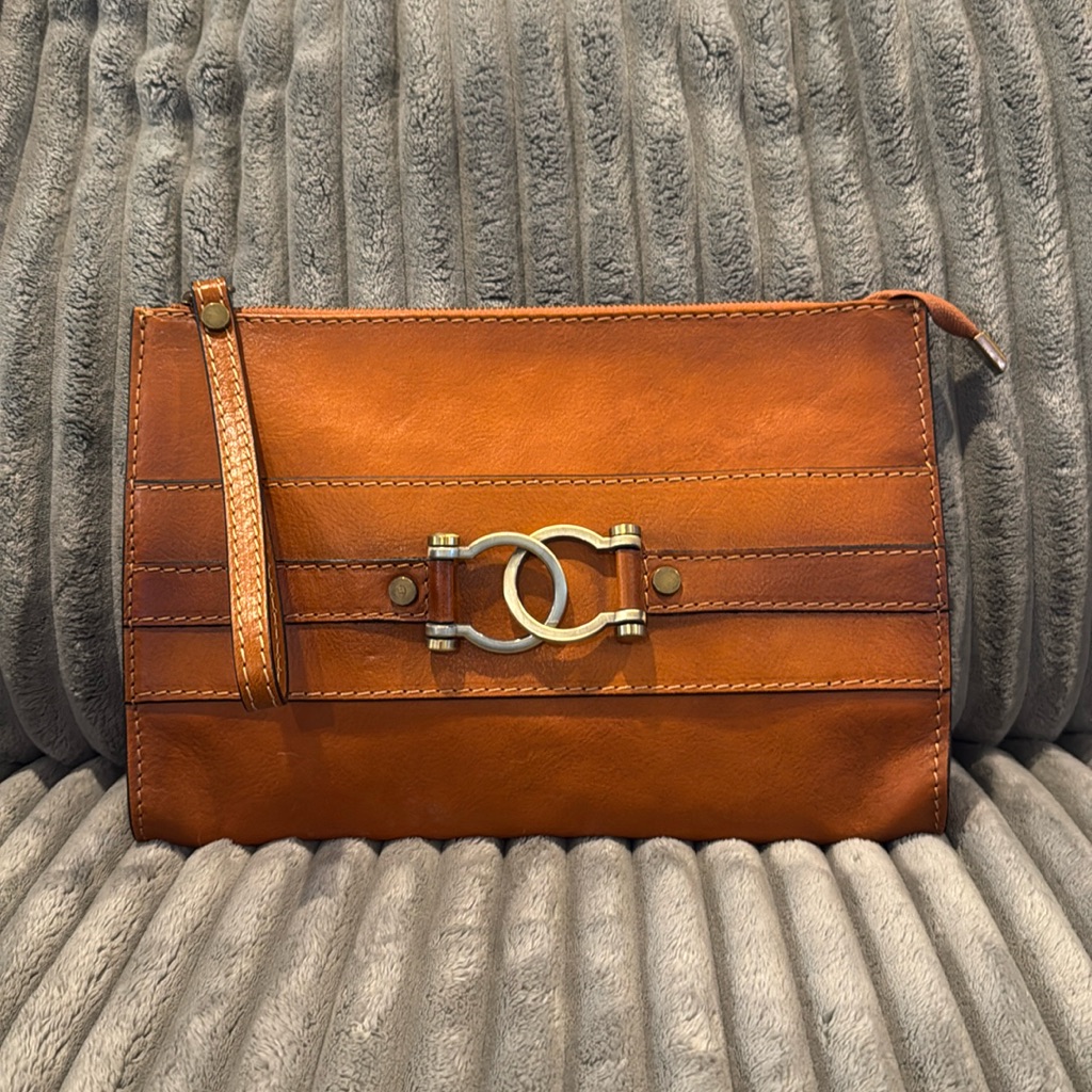 Pratesi Firenze Whiskey Brown Leather Zipper Closure Large Evening Clutch